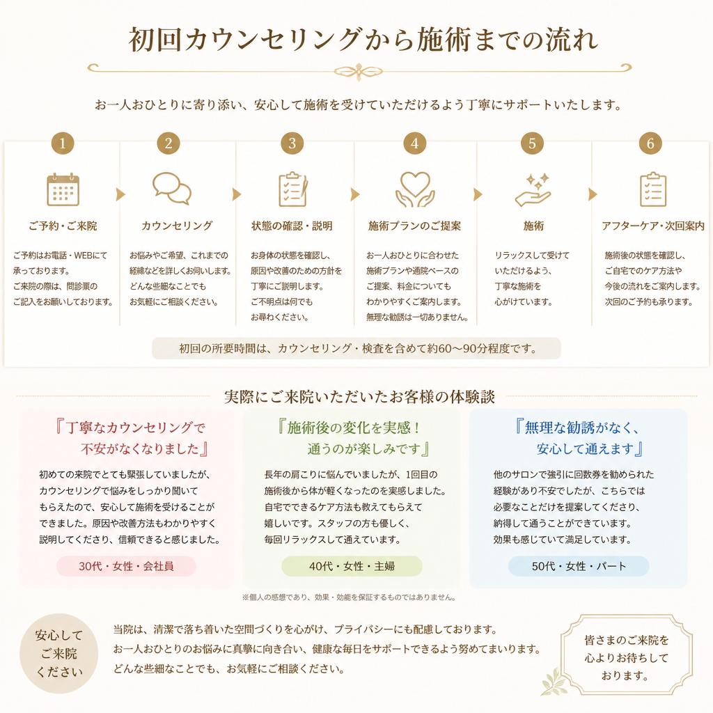 施術の流れとお客様の声